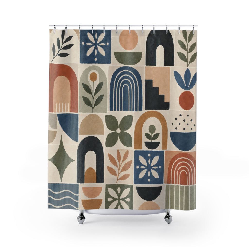 Mid Century Shower Curtain, Retro Arch Tile Pattern, Botanical Geometric Bath Decor, Blue Terracotta Green Modern Bathroom Art, Playful
