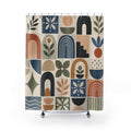 Mid Century Shower Curtain, Retro Arch Tile Pattern, Botanical Geometric Bath Decor, Blue Terracotta Green Modern Bathroom Art, Playful