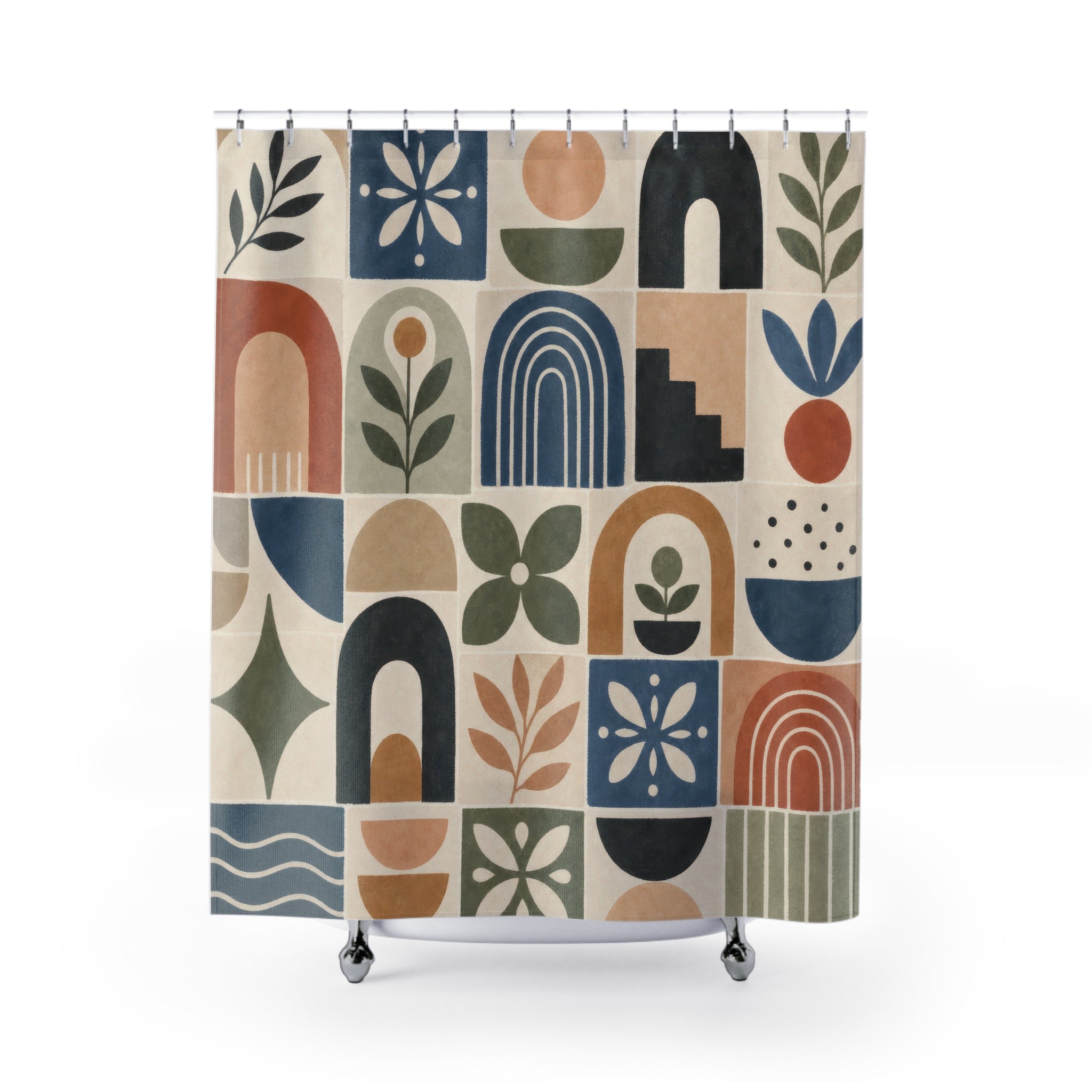 Mid Century Shower Curtain, Retro Arch Tile Pattern, Botanical Geometric Bath Decor, Blue Terracotta Green Modern Bathroom Art, Playful
