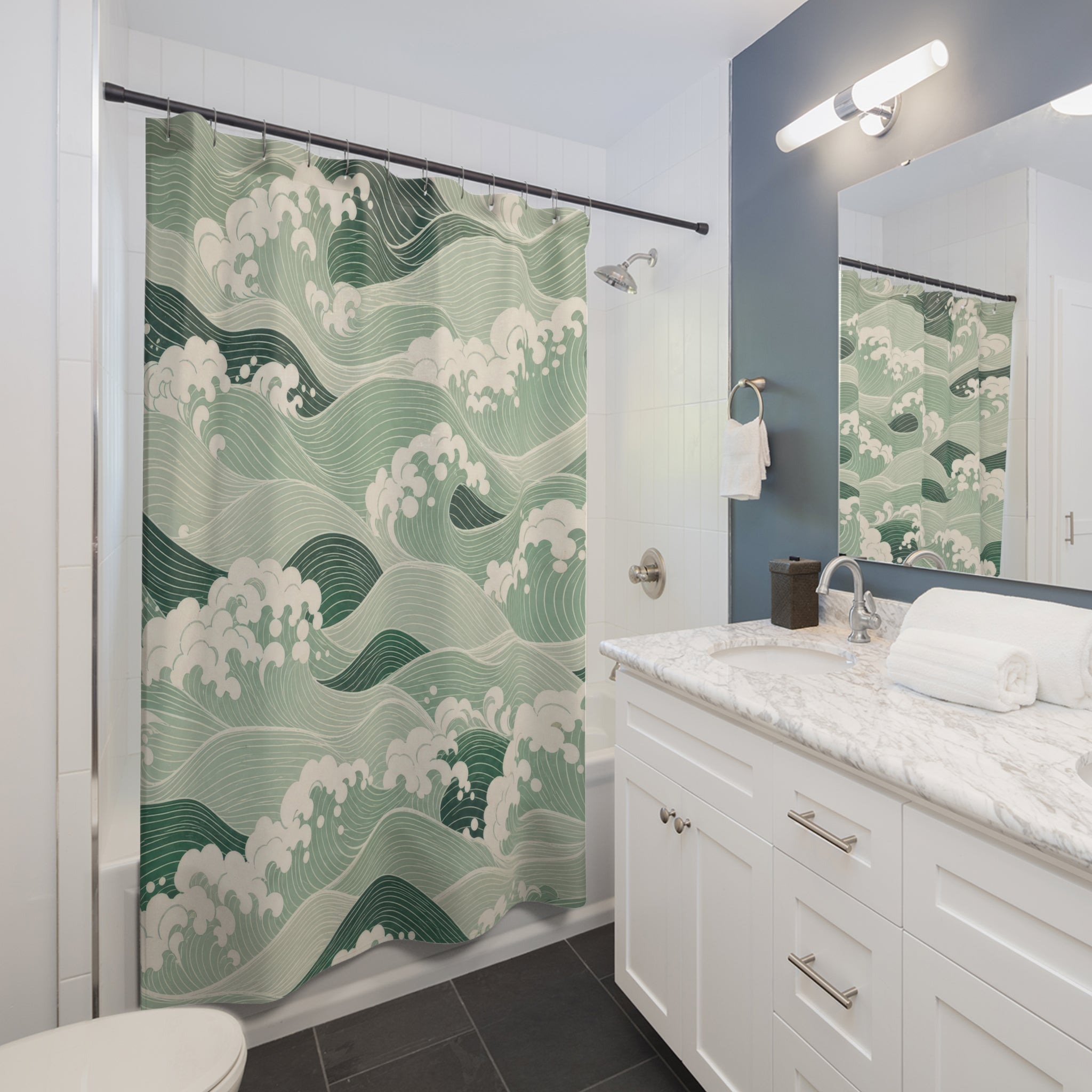 Green Japanese Wave Shower Curtain
