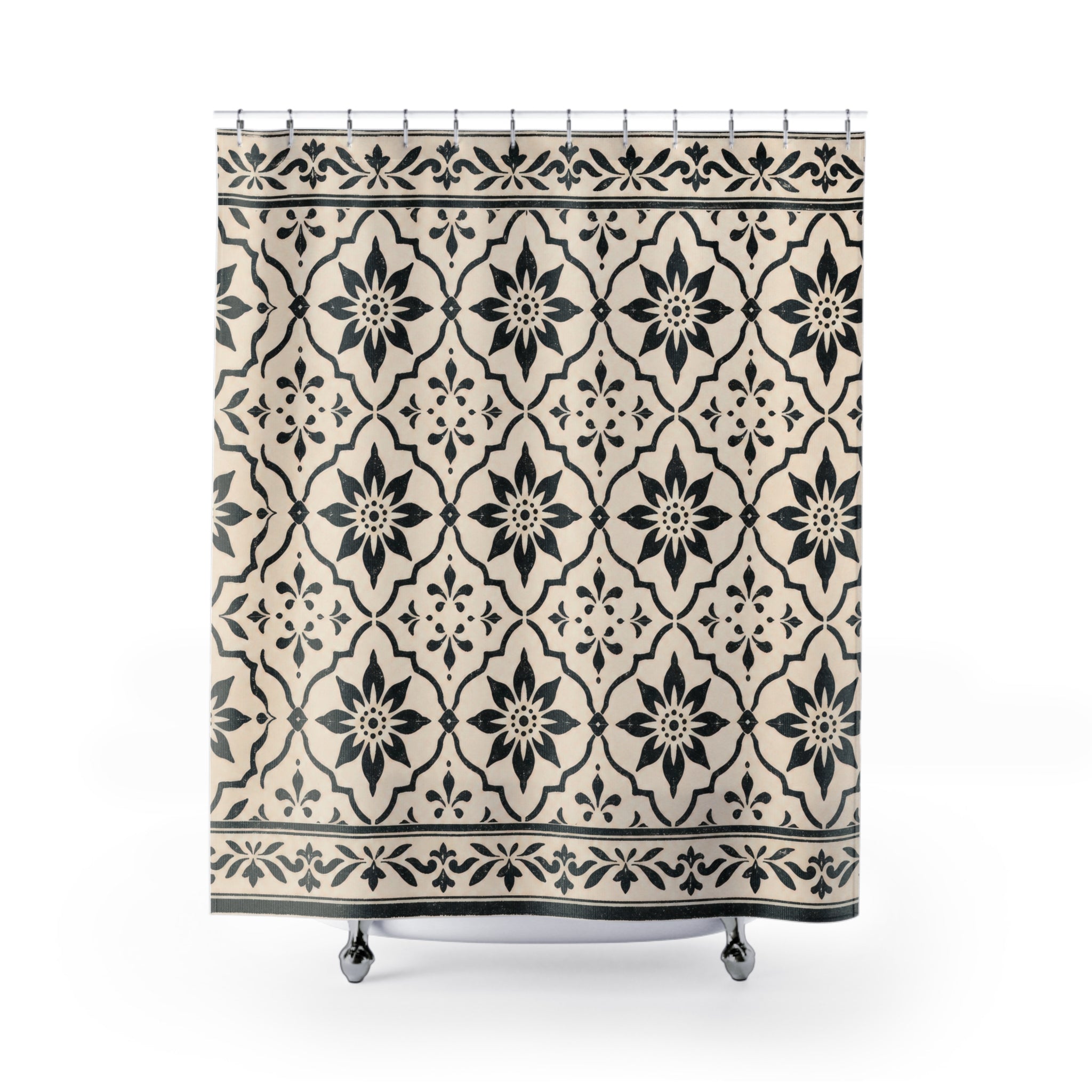 Black Cream Floral Medallion Shower Curtain