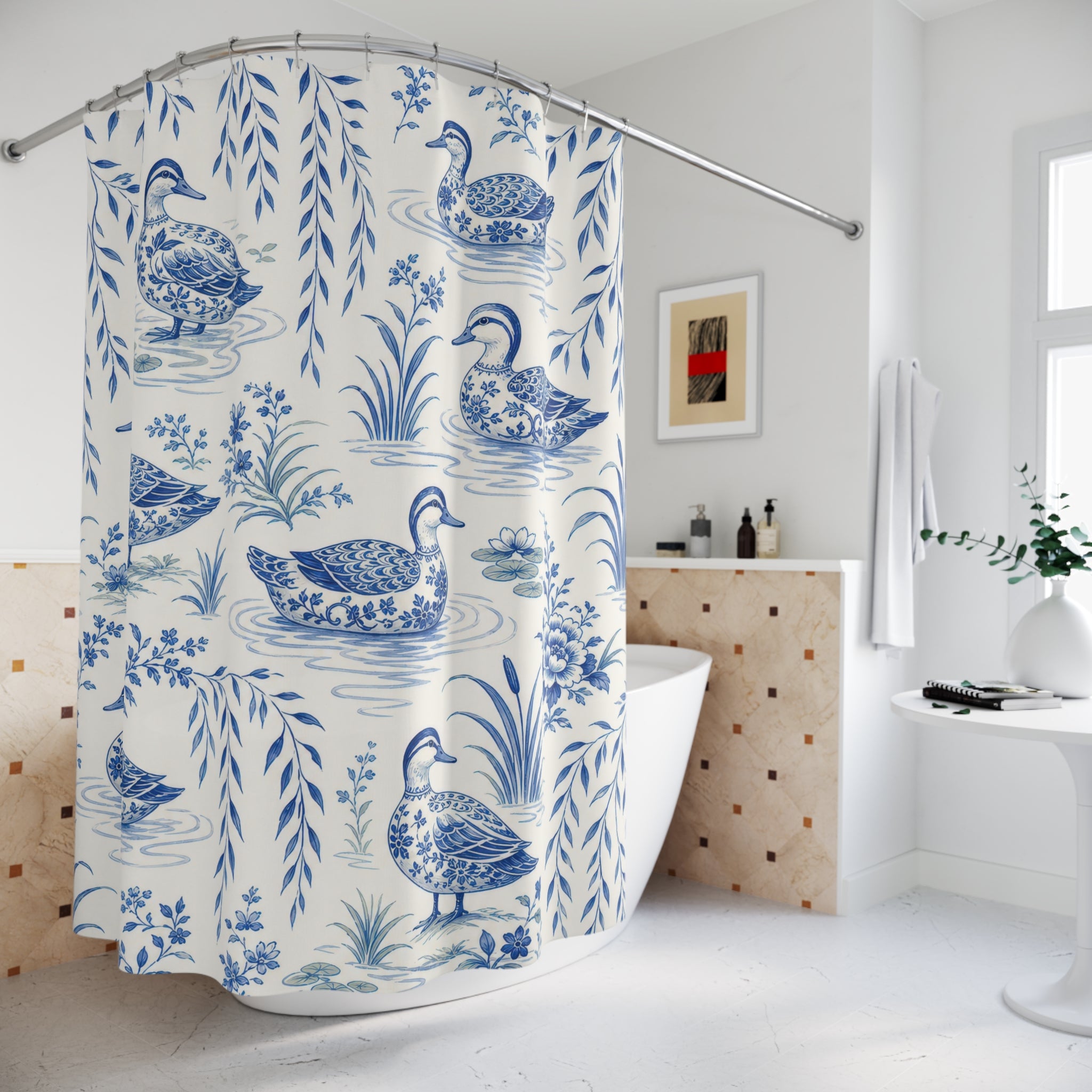 Blue White Toile Duck Shower Curtain