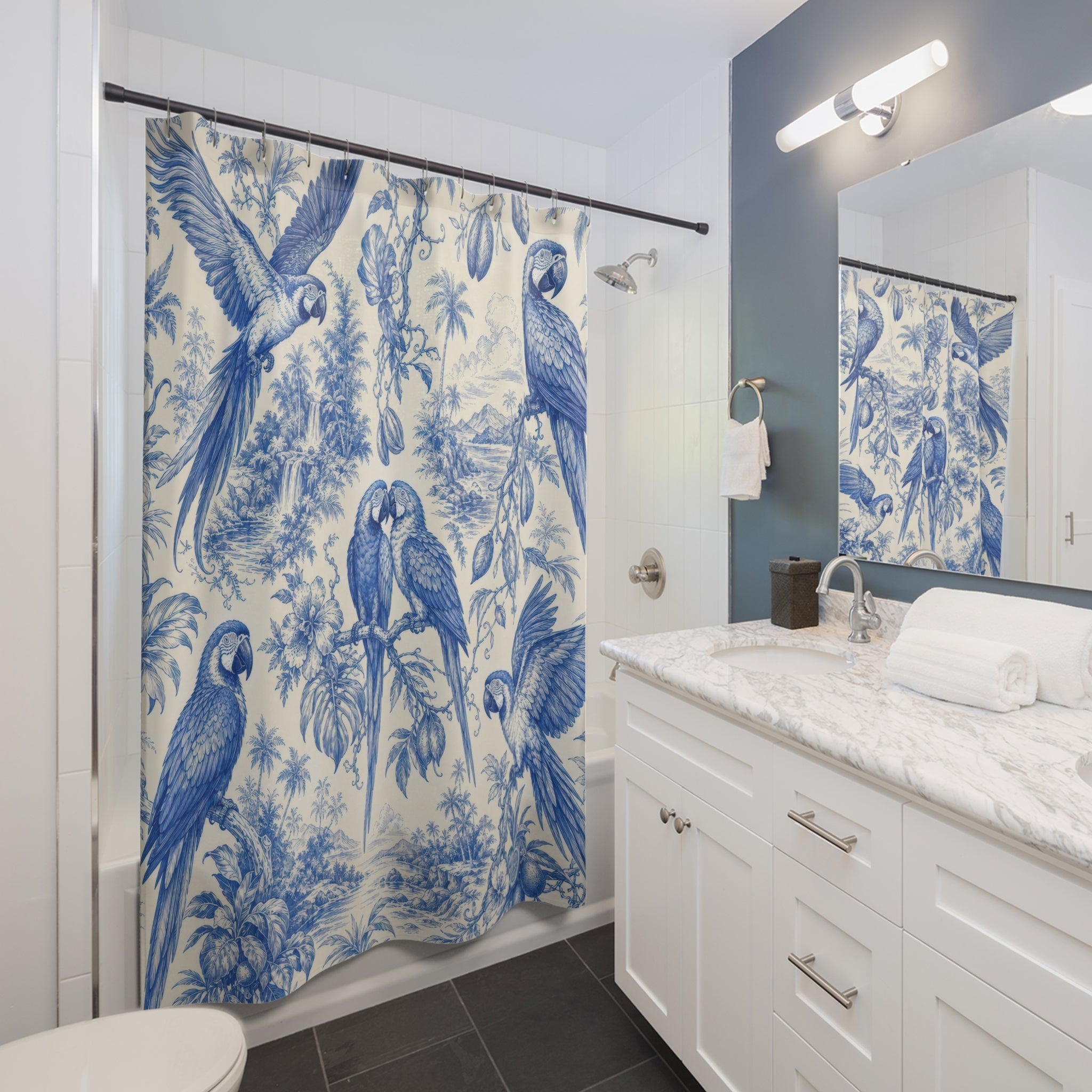 Cobalt Macaw Tropical Toile Shower Curtain