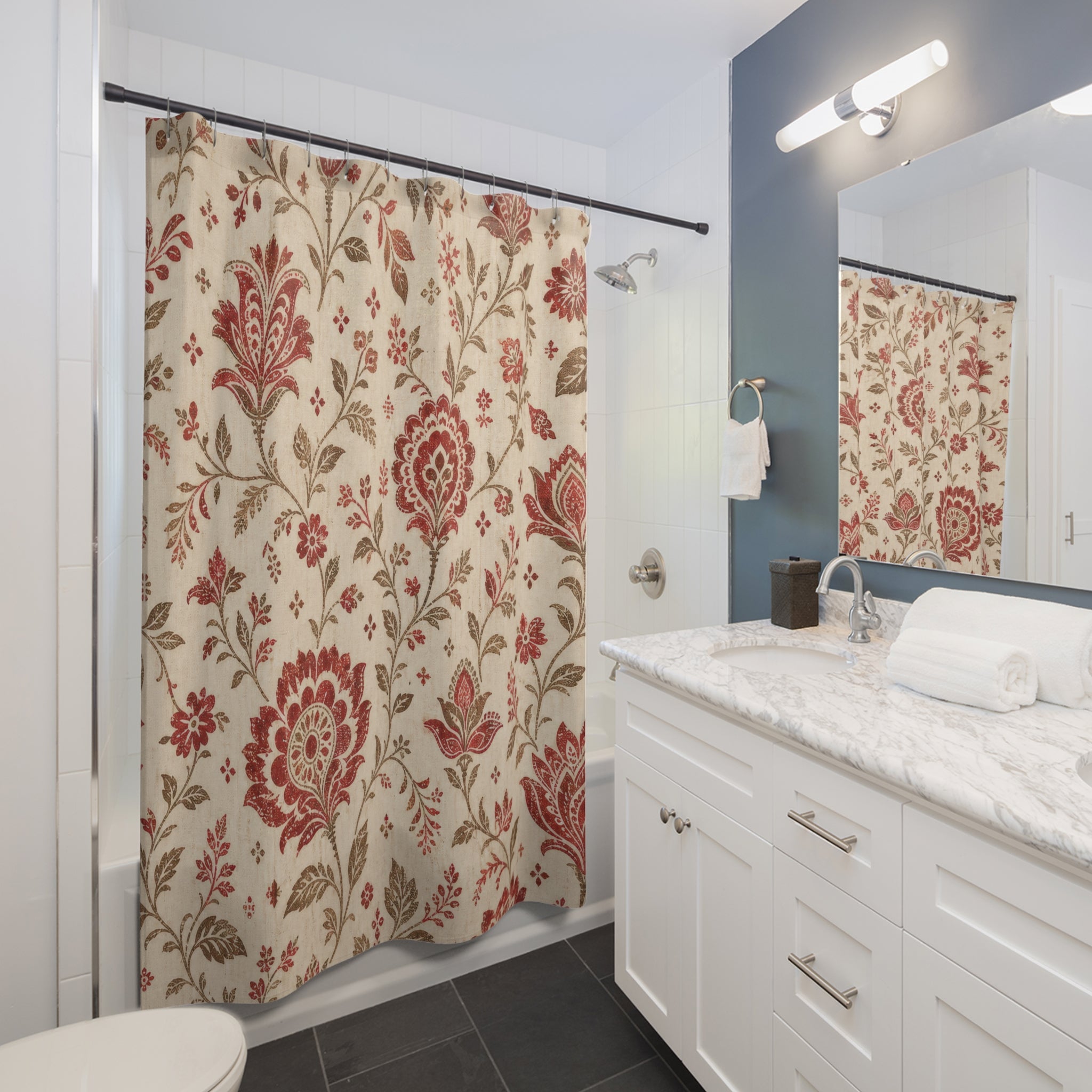 Beige Red Vintage Flower Floral Shower Curtain