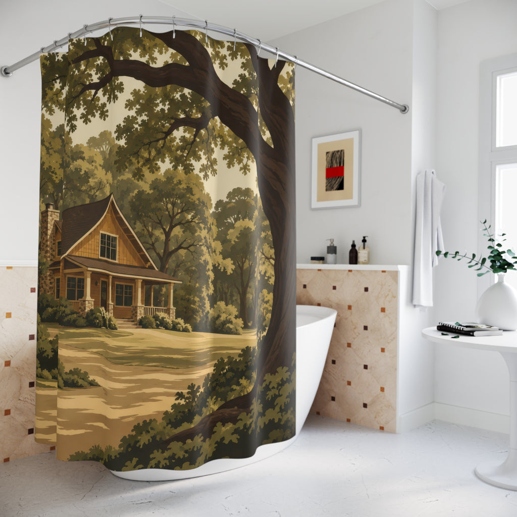 Ochre cabin under an olive oak canopy shower curtain beside a freestanding tub