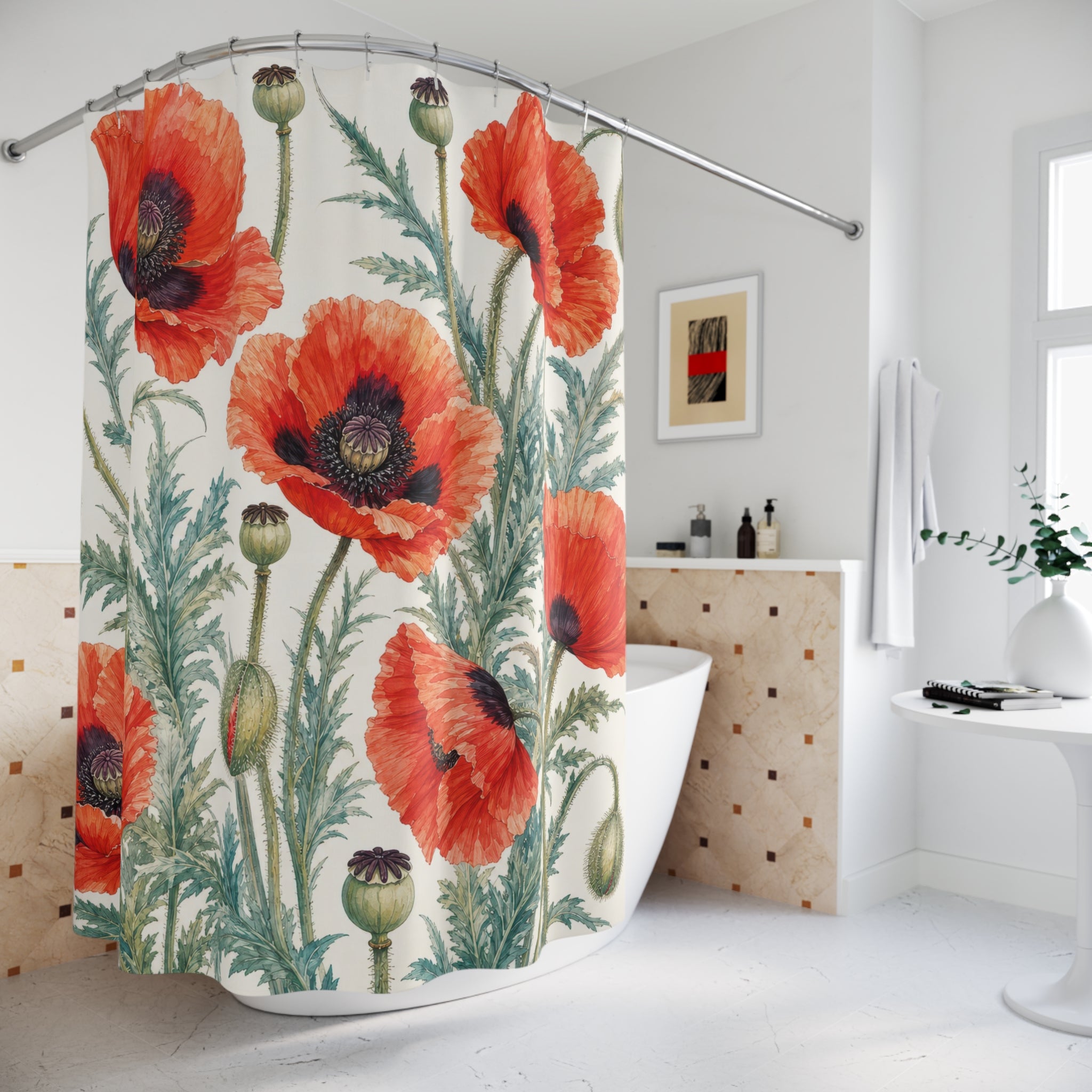 Red Orange Wildflower Botanical Shower Curtain