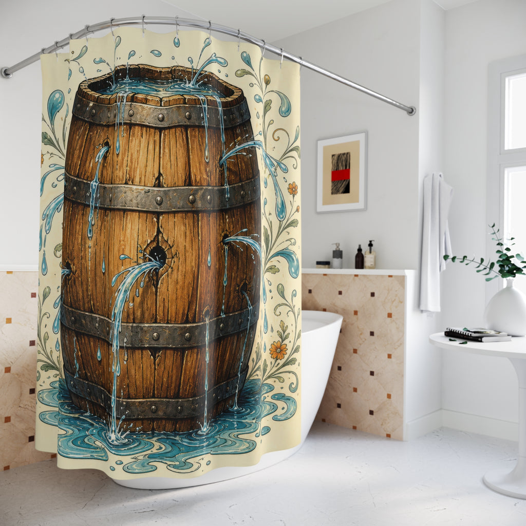 Unique Barrel Shower Curtain, Rustic Water Fountain Art, Blue Folk Floral Bathroom Decor, Farmhouse Guest Bath Rustic Gift For Home