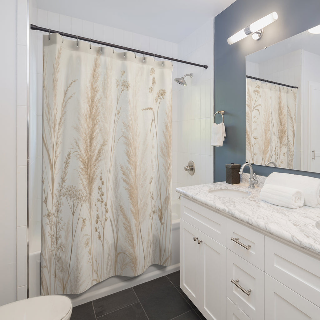 Off White Beige Grass Floral Shower Curtain