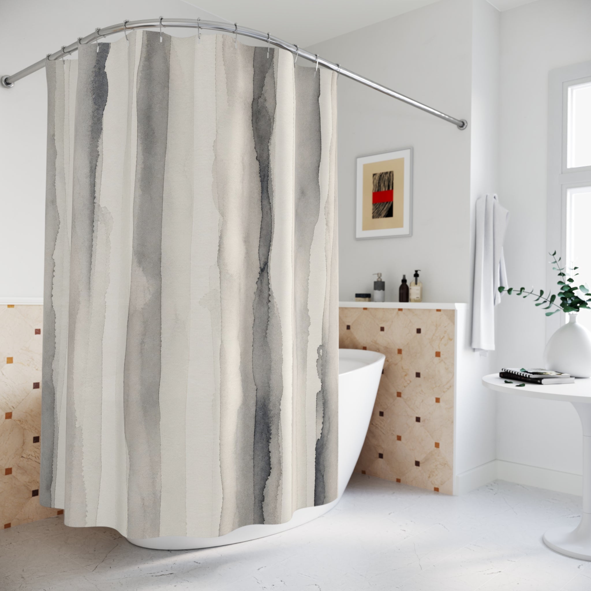 Soft Grey Watercolor Stripe Shower Curtain