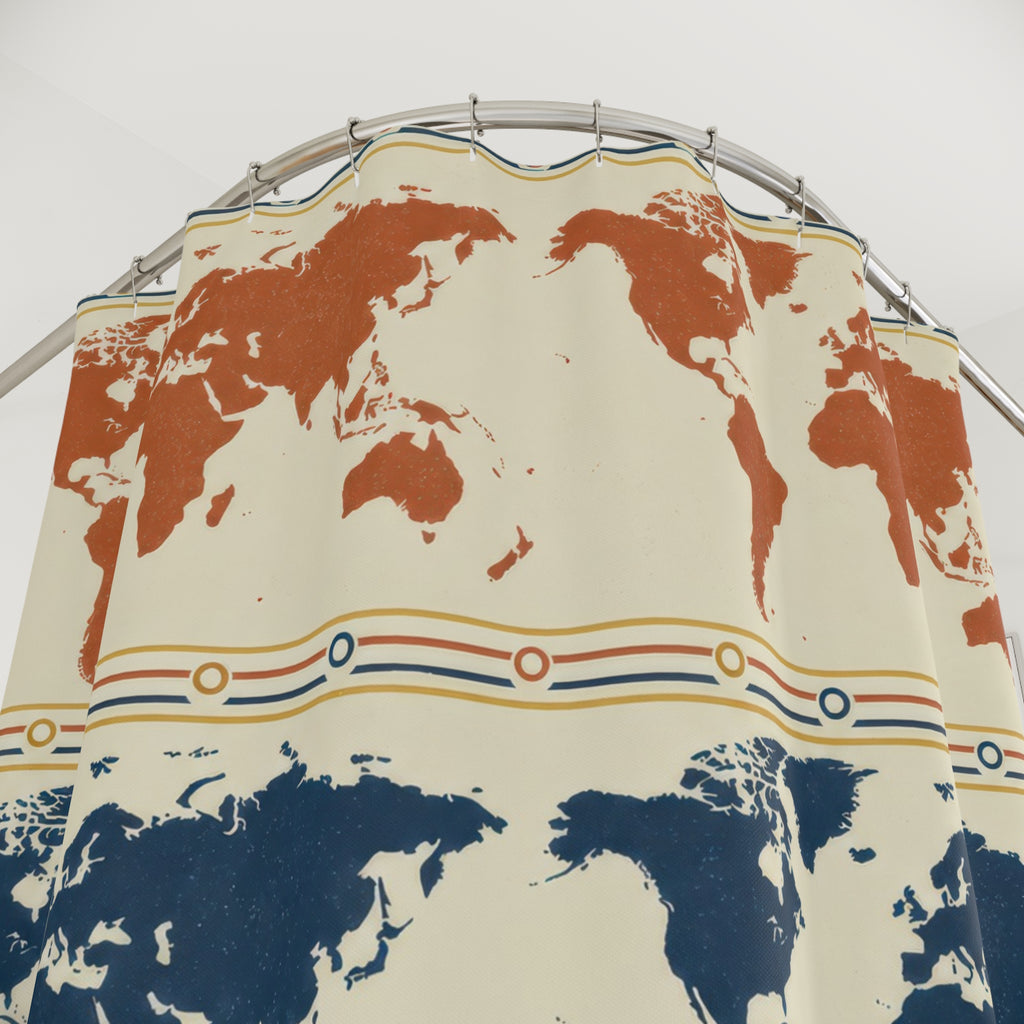 Rust, navy and mustard world maps in repeating rows shower curtain with close-up print, hooks, and folds