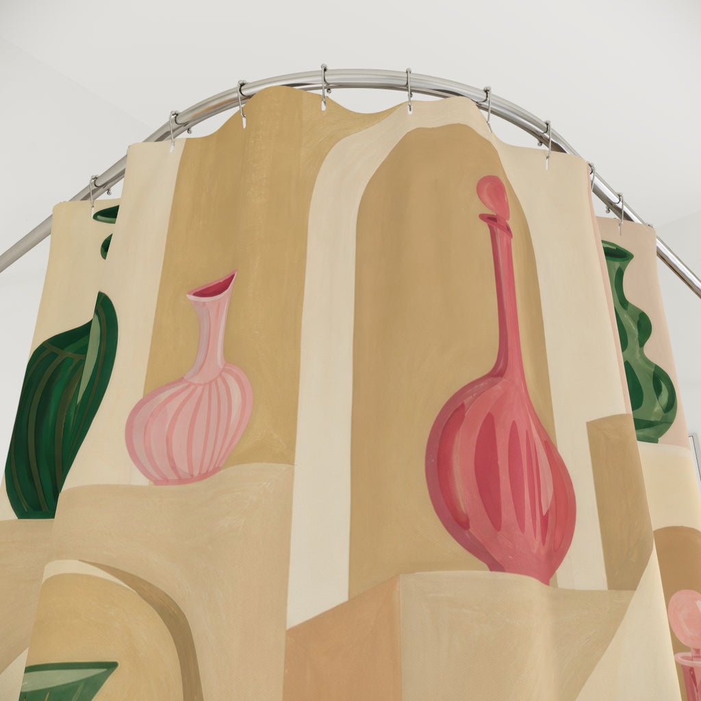 Green and pink glass vessels in stepped alcoves shower curtain with close-up print, hooks, and folds