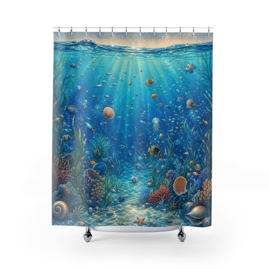 Unique Ocean Shower Curtain, Underwater Coral Reef Art, Turquoise Blue Coastal Bathroom Decor, Beach House Wall Guest Bath Gift For Home