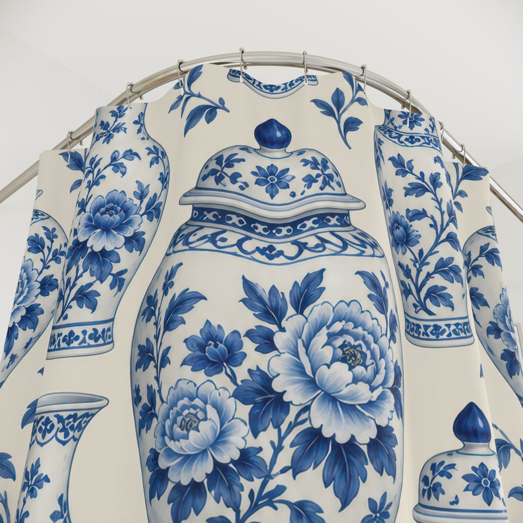 Blue and ivory Chinoiserie ginger jars shower curtain with close-up print, hooks, and folds