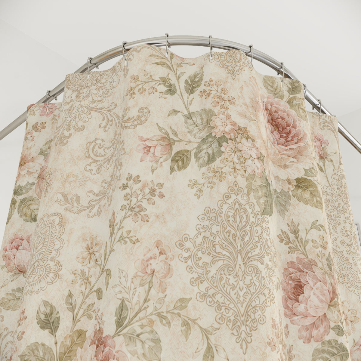 Shabby Chic Rose vintage floral shower curtain with close-up print, hooks, and folds
