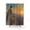Watchful falcon on a golden canyon ledge at sunrise shower curtain, full front view