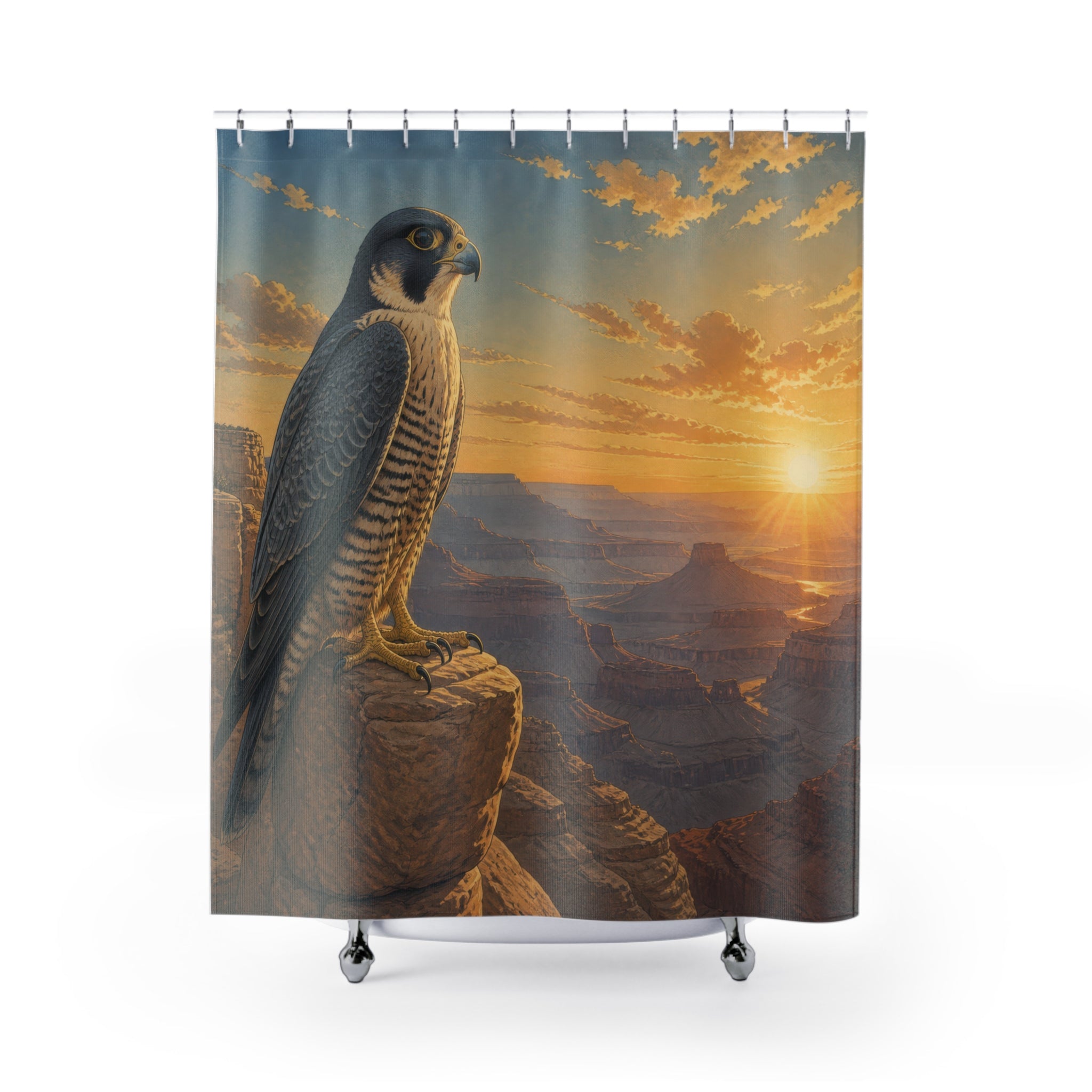 Watchful falcon on a golden canyon ledge at sunrise shower curtain, full front view