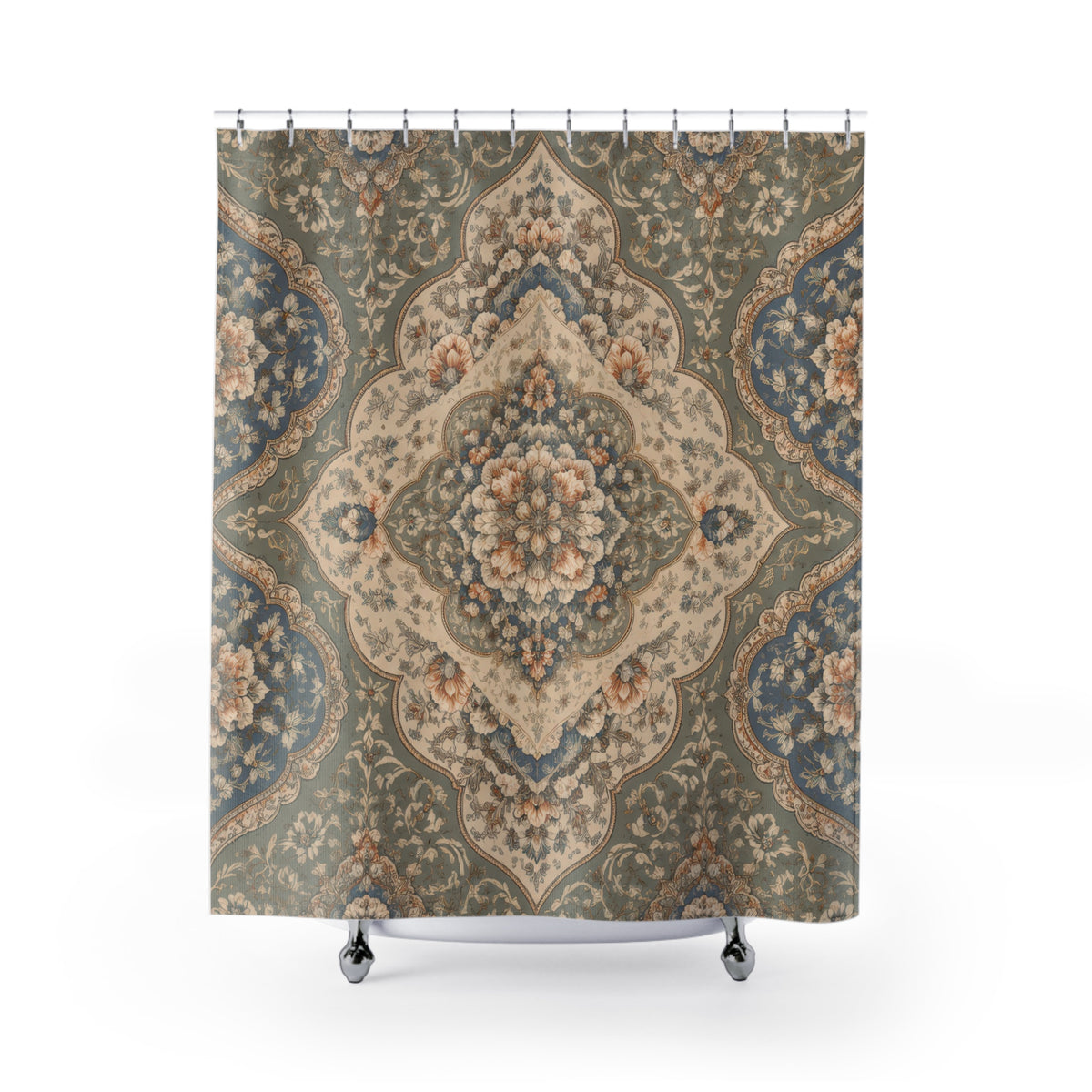 Vintage floral medallions in dusty blue sage and beige shower curtain with full front view