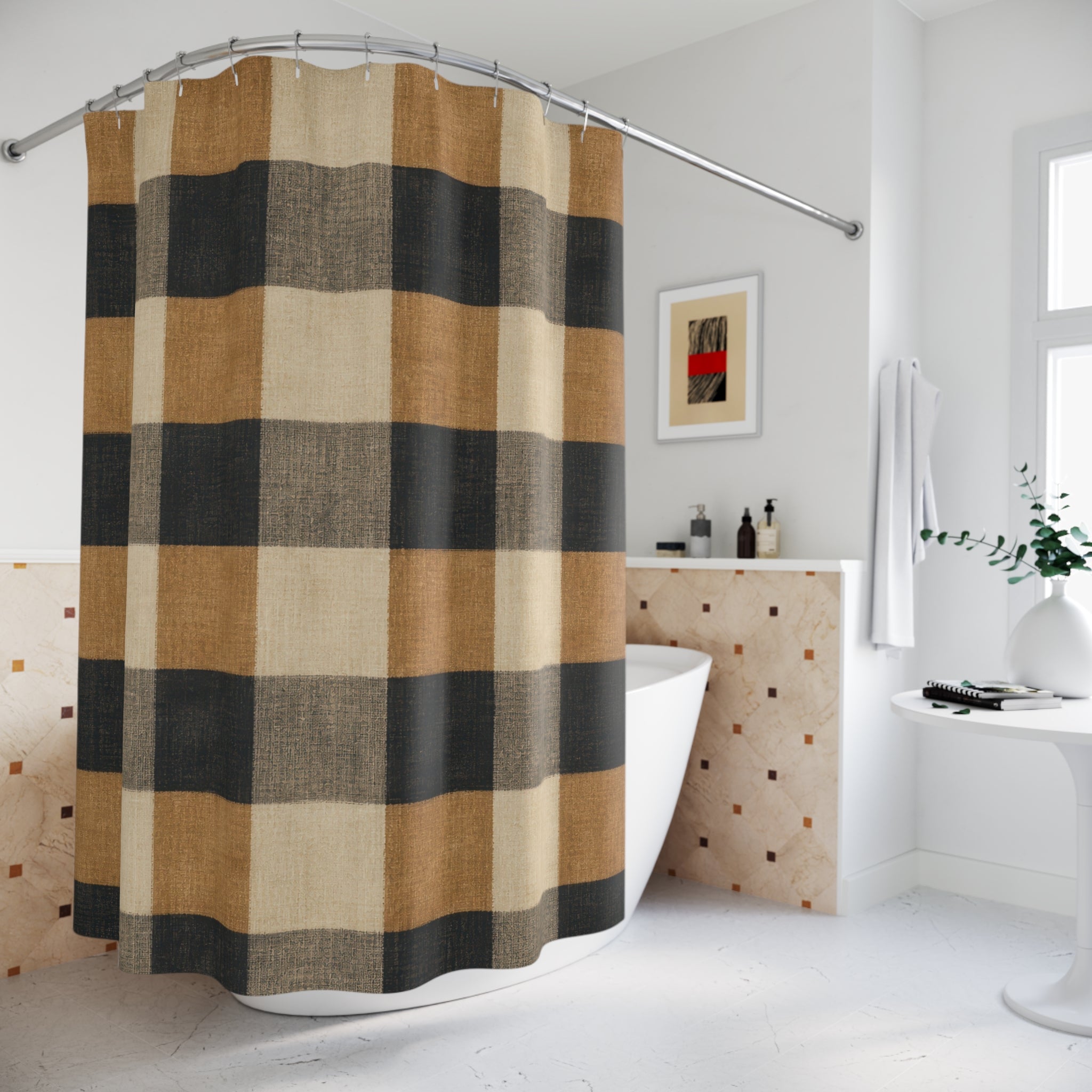 Buffalo Check Shower Curtain, Black Tan Brown Plaid Pattern, Rustic Farmhouse Bathroom Decor, Lodge Guest Bath Cabin Style