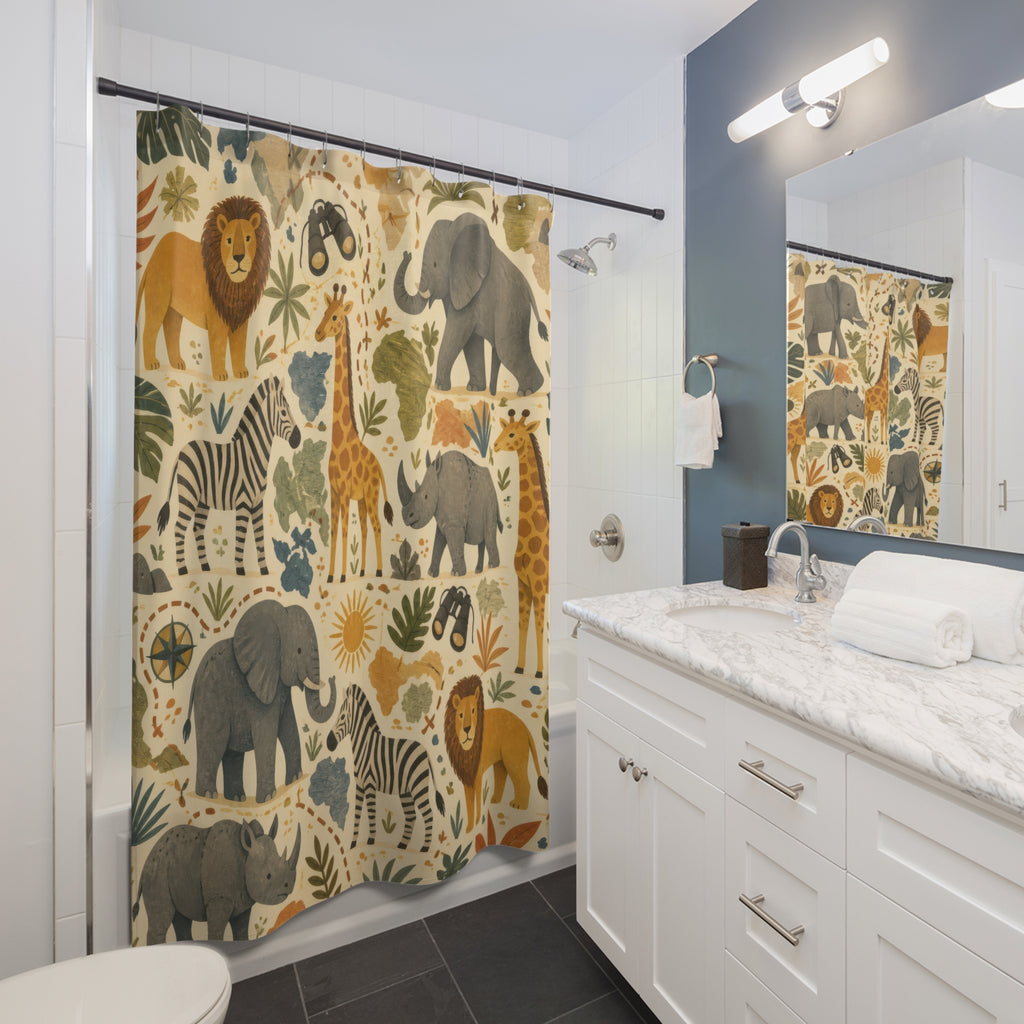 Safari Animal Shower Curtain, Neutral Kids Bathroom Decor, Lion Elephant Bath Curtain, Boys Bathroom Decor, Jungle Style, Playful Style