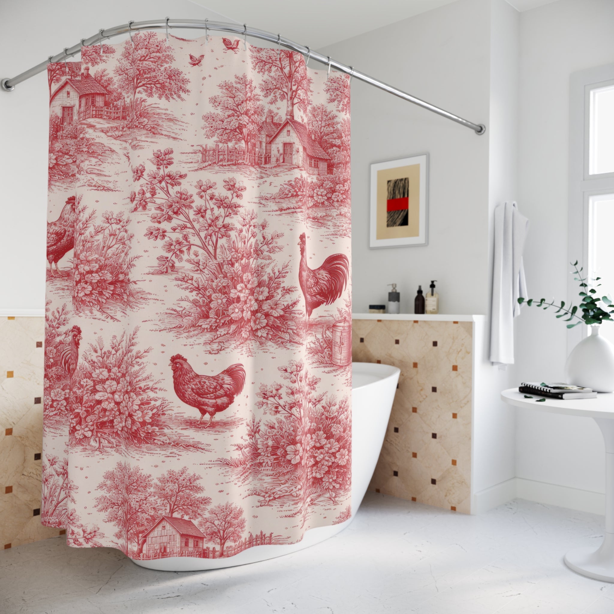 Red and White Toile Shower Curtain – French Country