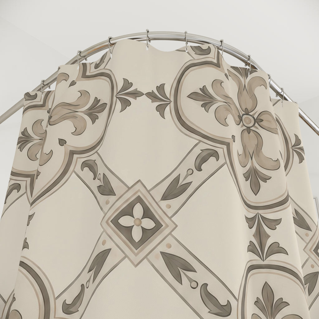 Taupe leaf ornaments in ivory quatrefoils with diamond links shower curtain with close-up print, hooks, and folds