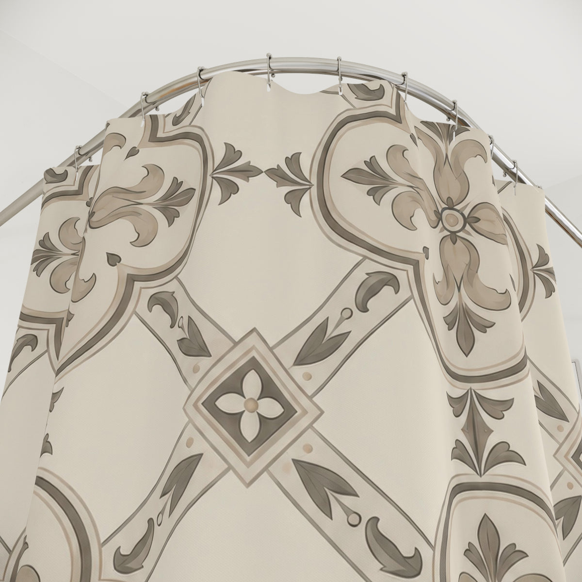 Taupe leaf ornaments in ivory quatrefoils with diamond links shower curtain with close-up print, hooks, and folds