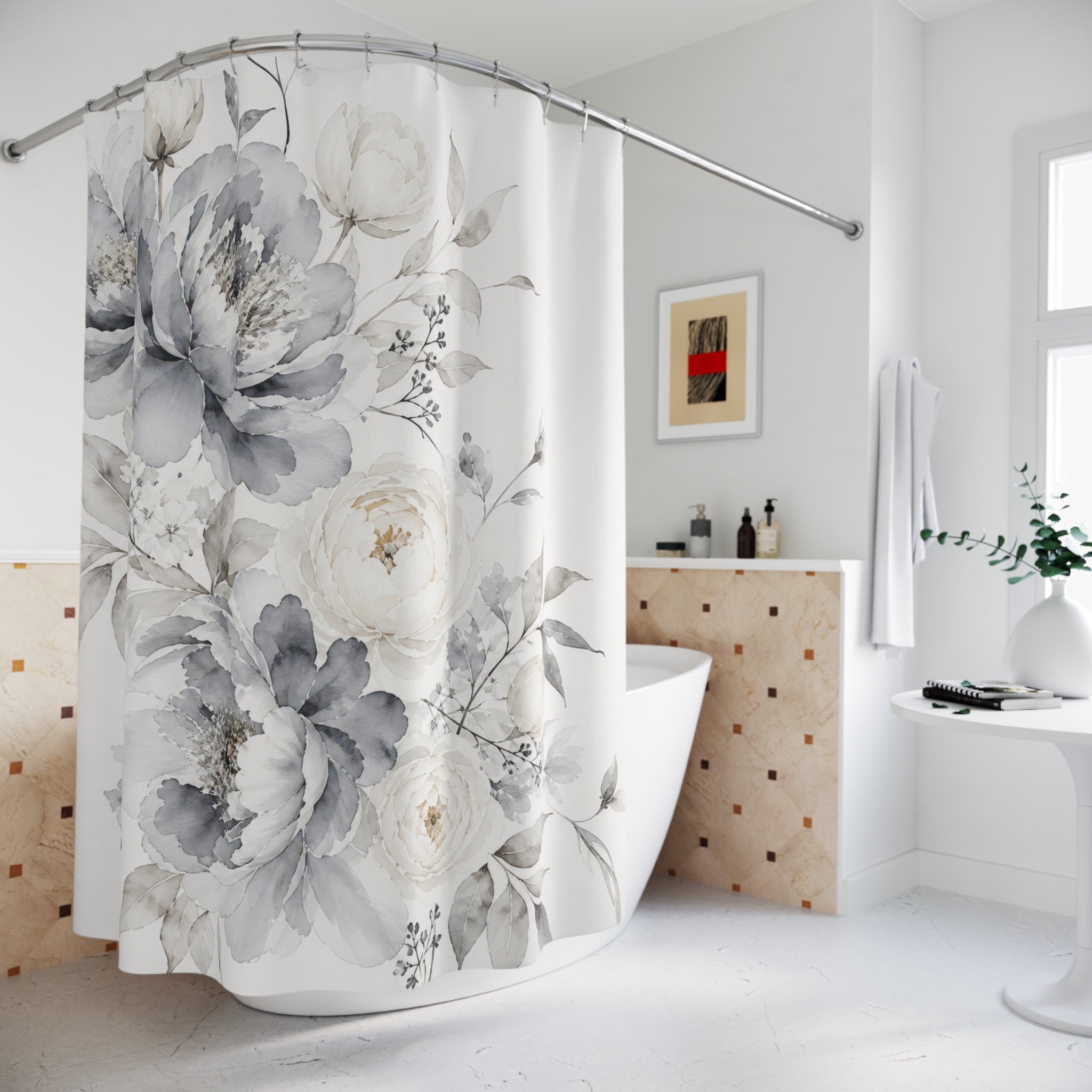 Grey Watercolor Floral Shower Curtain