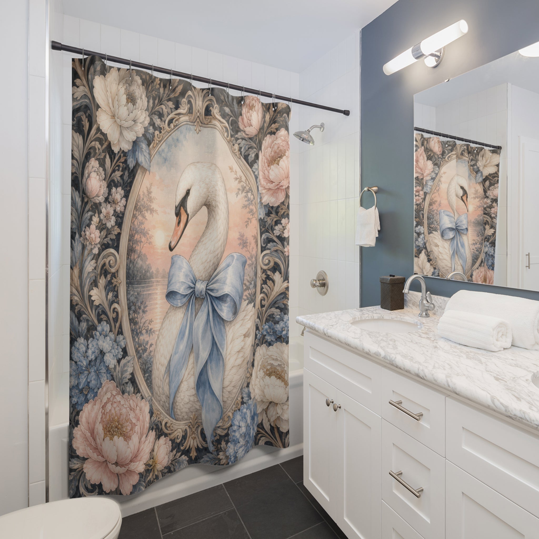 Swan Ribbon Medallion Bow Shower Curtain