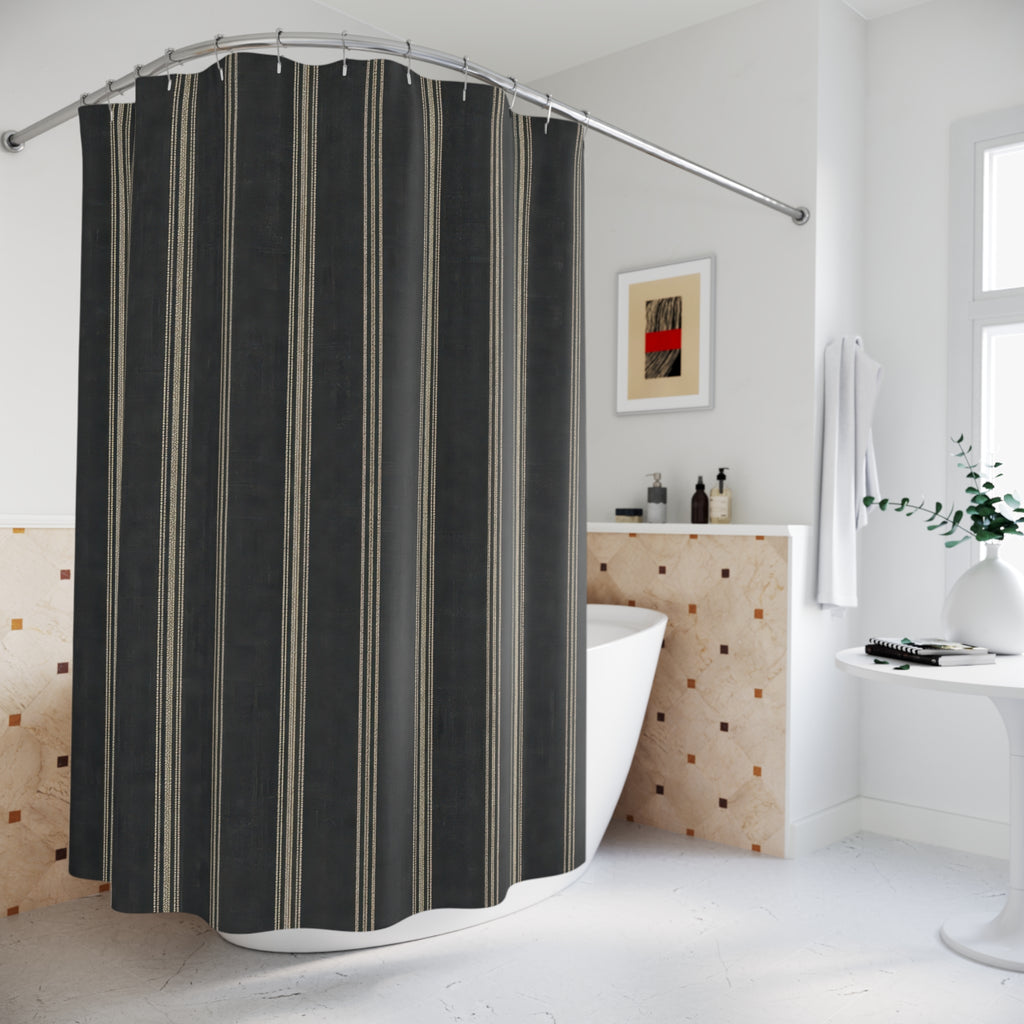 Black Ticking Stripe Shower Curtain, Charcoal Pinstripe Pattern, Cream Lines, Modern Farmhouse Moody Bathroom Decor, Classic Bath Style
