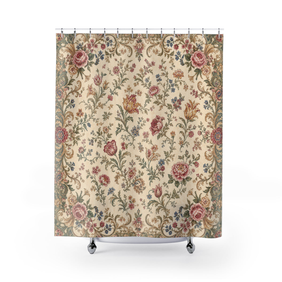 Pink Rose Ornate Border vintage shower curtain with full front view