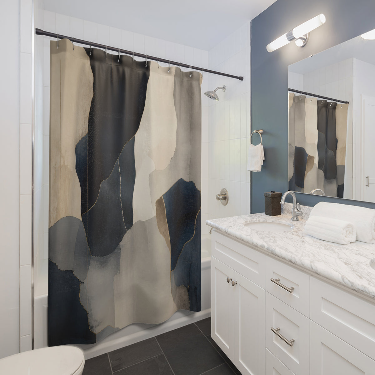 Beige Gray Abstract Black Shower Curtain