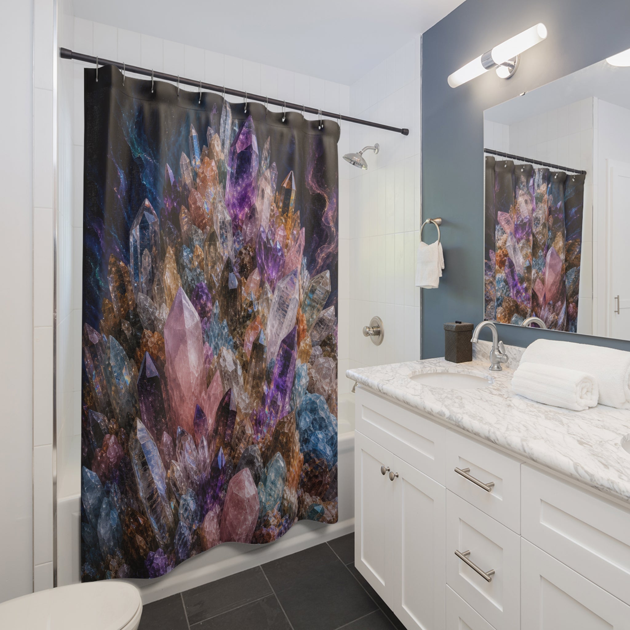 Unique Crystal Shower Curtain, Purple Amethyst Cluster Art, Dark Geode Bathroom Decor, Dramatic Mineral Guest Bath Accent Gift For Home