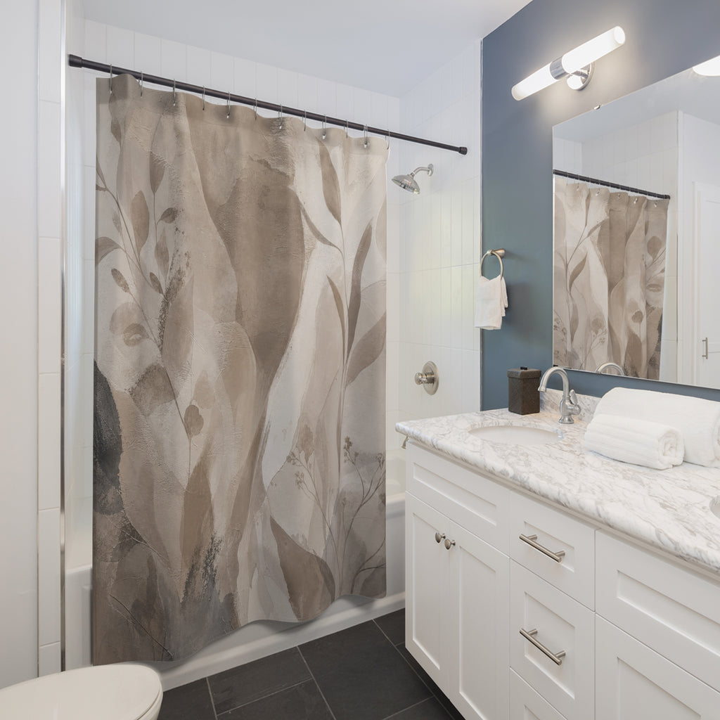 Taupe Shower Curtain: Beige Abstract Botanical Pattern