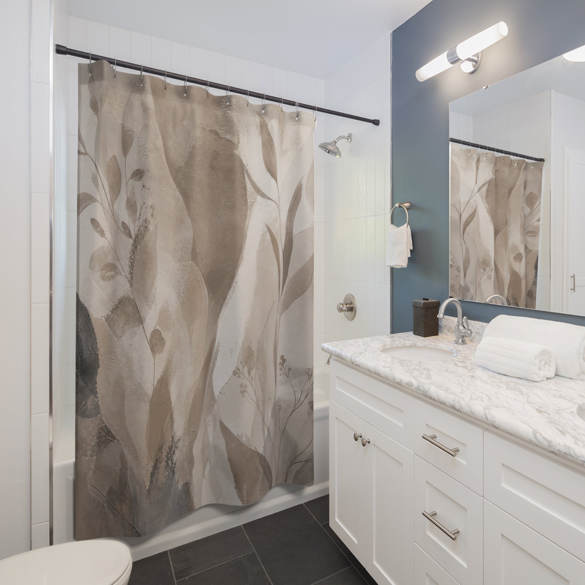 Taupe Shower Curtain: Beige Abstract Botanical Pattern