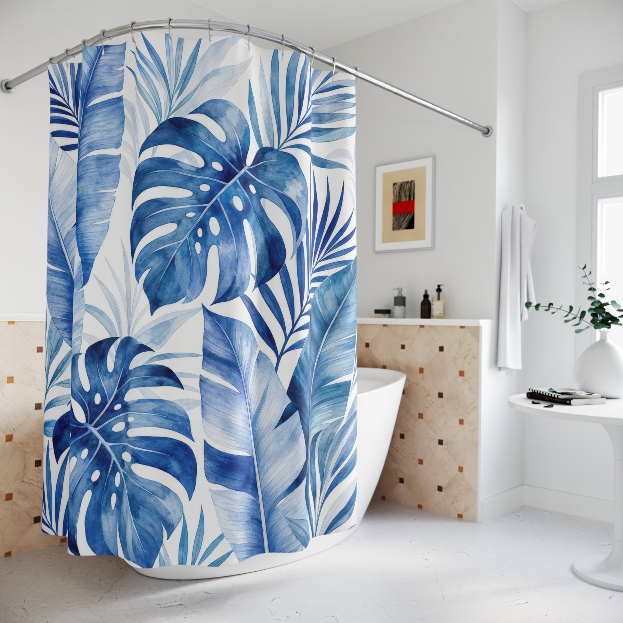 Blue Tropical Leaf Shower Curtain, Blue White Coastal Bathroom Decor, Tropical Leaf Bath Curtain, Guest Bath Decor, Small Bathroom Decor