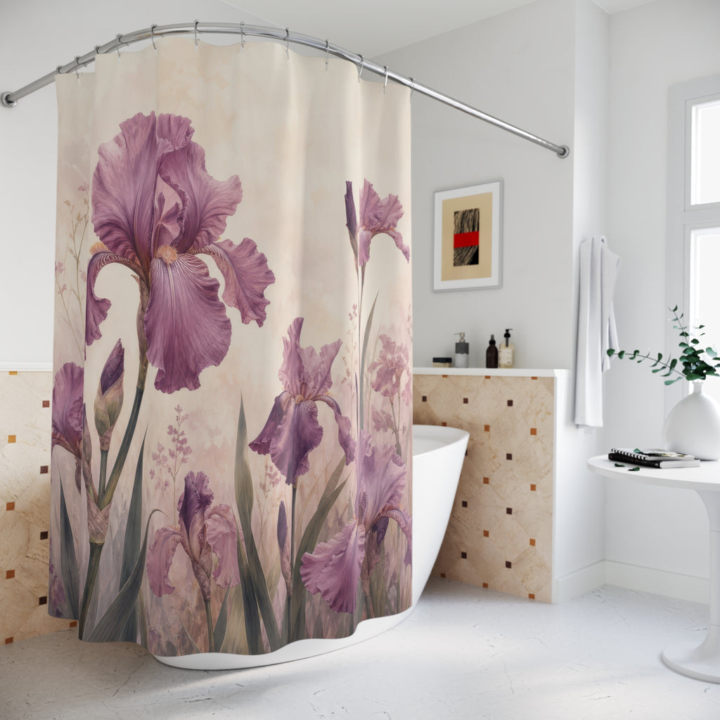 Mauve iris garden with plum blooms and cream ground shower curtain beside a freestanding tub
