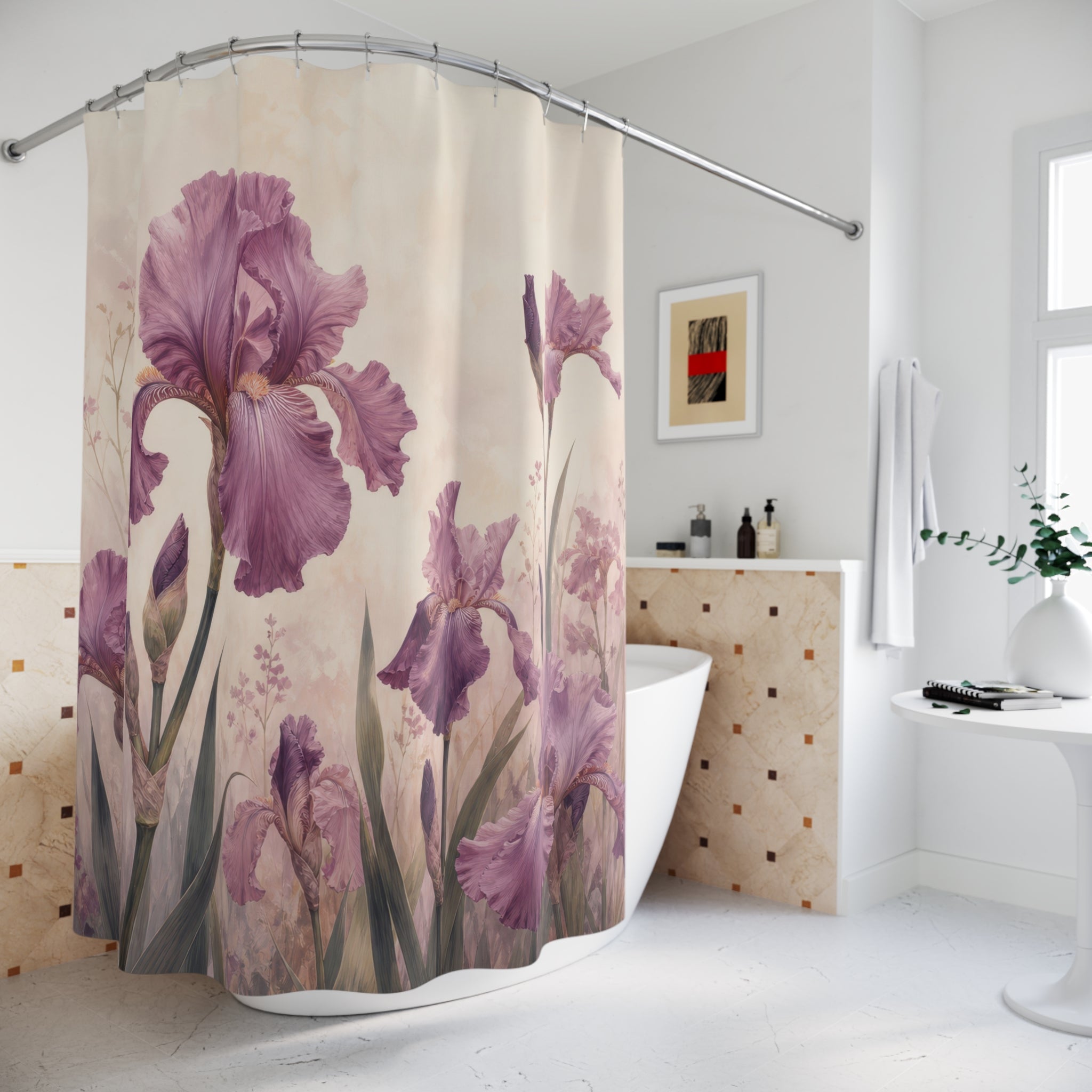 Mauve iris garden with plum blooms and cream ground shower curtain beside a freestanding tub