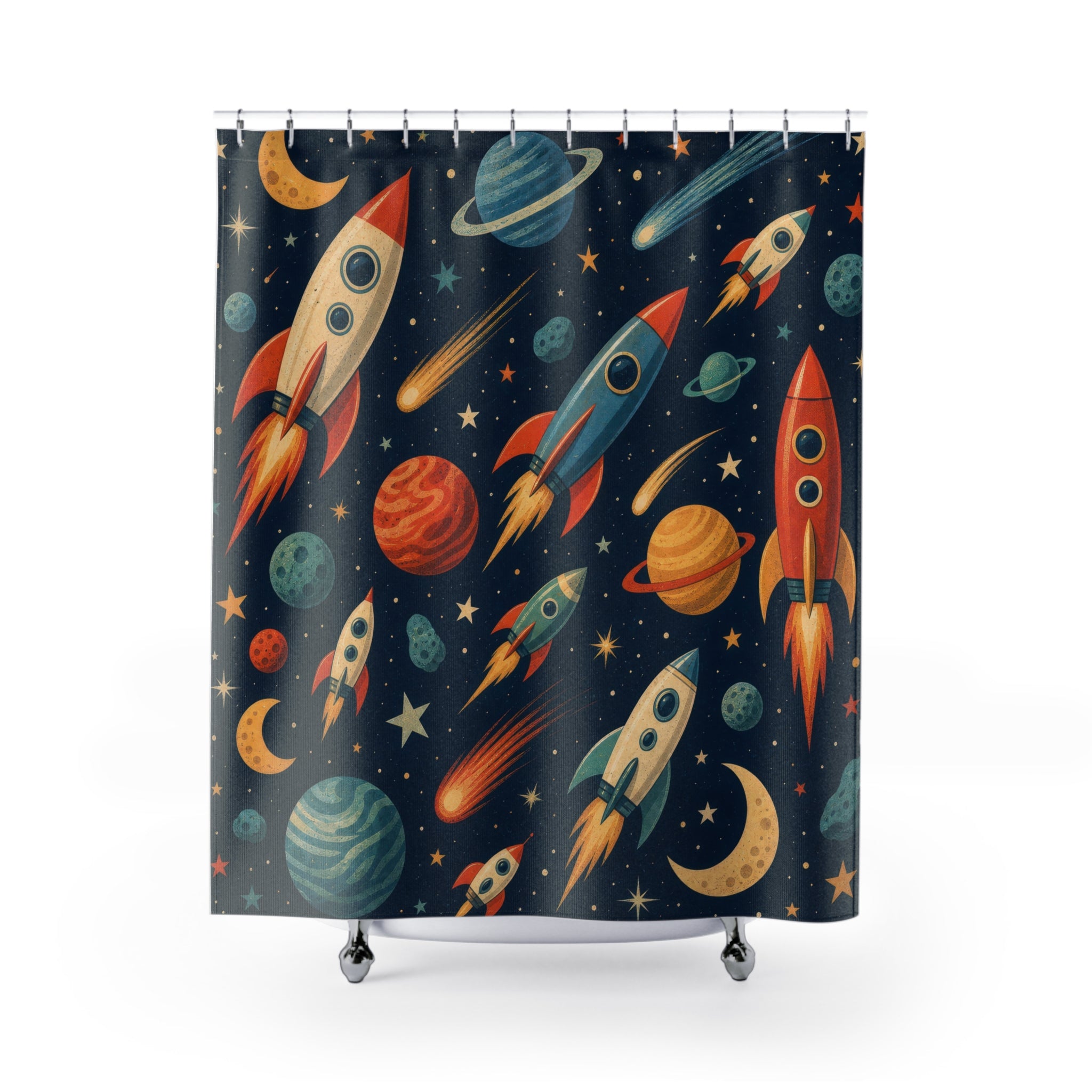Rocket Ship Shower Curtain, Outer Space Bathroom Decor, Planets and Stars Bath Curtain, Kids Bathroom Art, Boys Space Decor, Space Bath Art