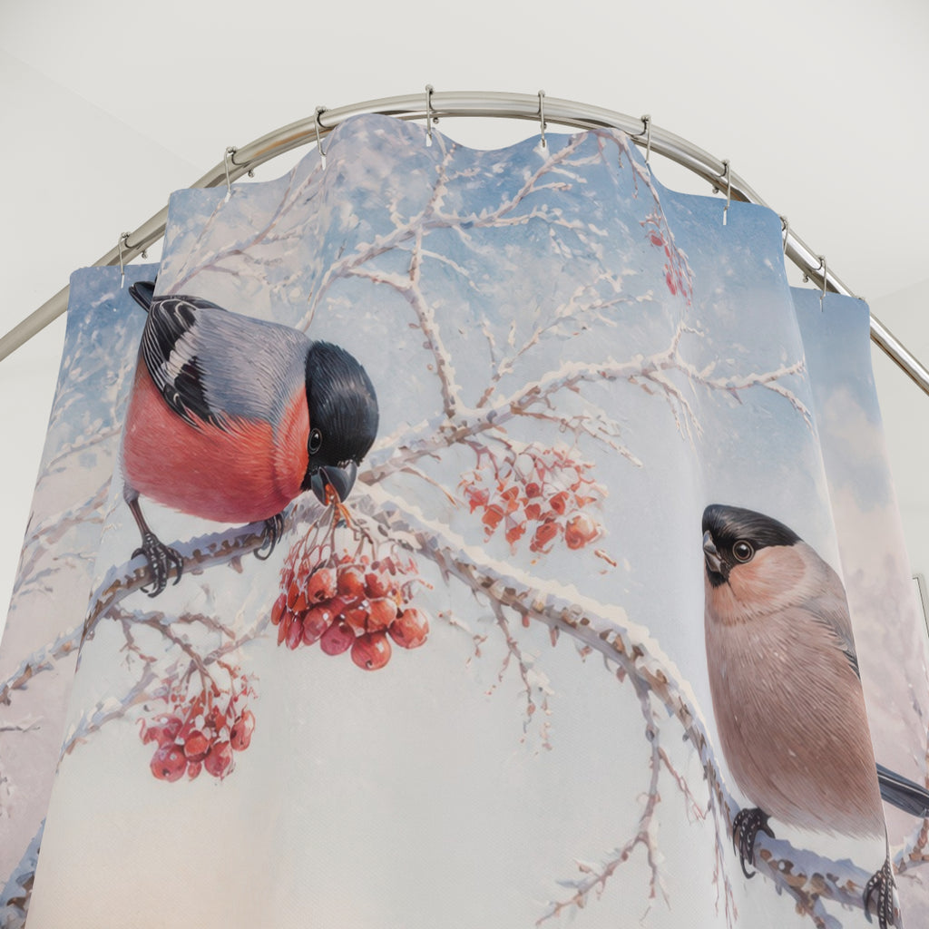 Rosy bullfinches on frosted berries shower curtain with close-up print, hooks, and folds