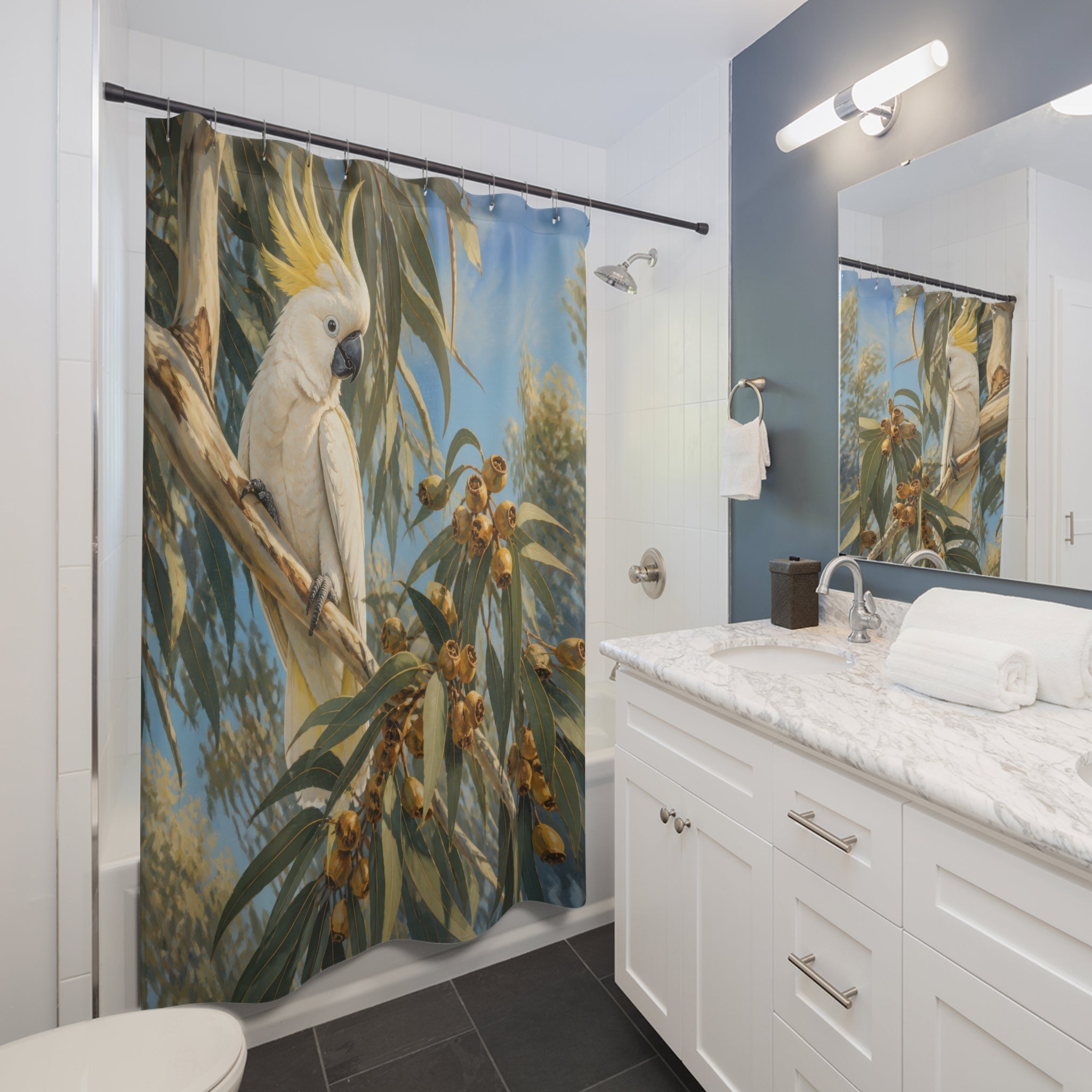 White sulphur crested cockatoo among sunlit eucalyptus leaves shower curtain installed beside a white vanity