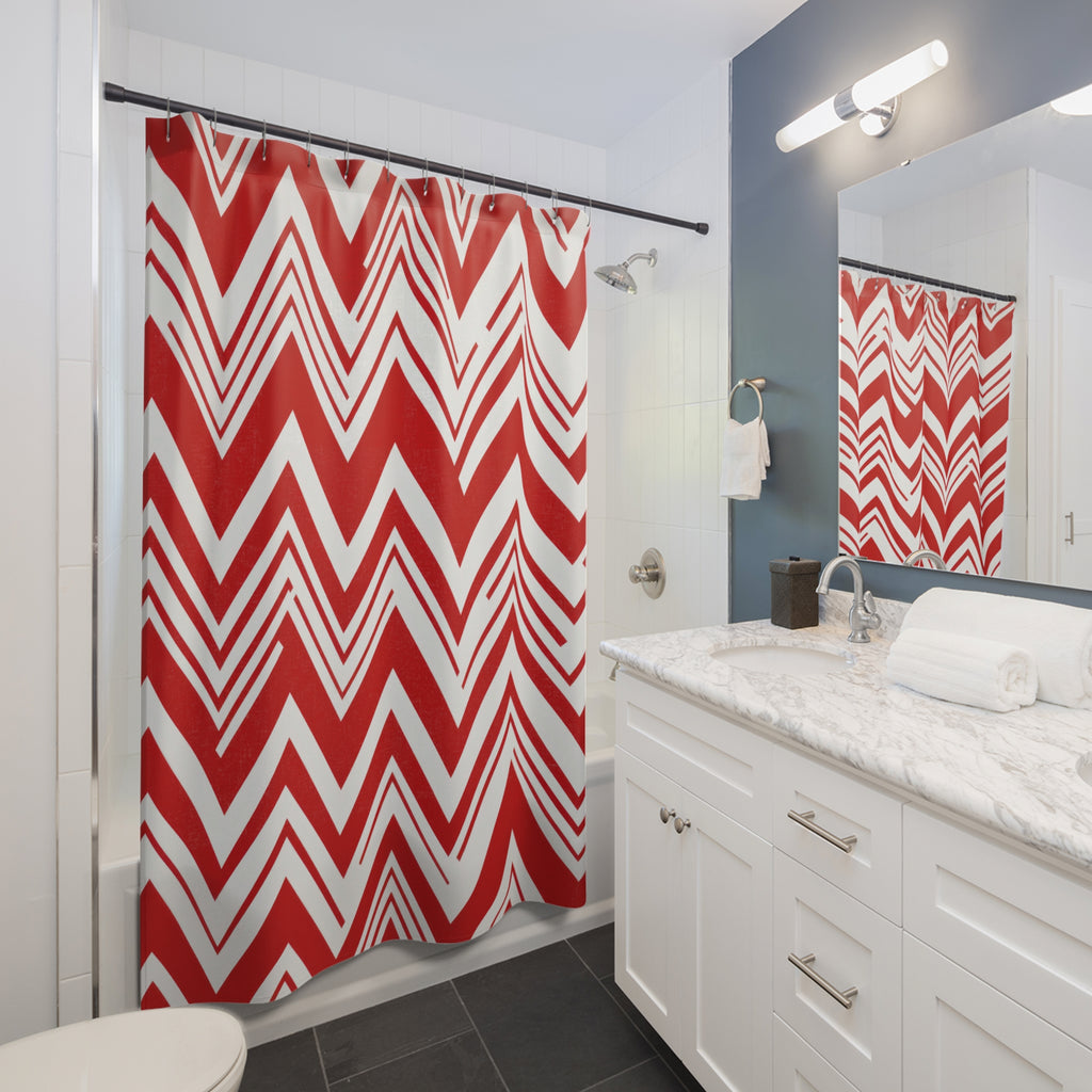 Red Chevron Shower Curtain, Bold Zig Zag Pattern, Red White Geometric Bath Decor, Modern Graphic Guest Bathroom Accent, Retro Style