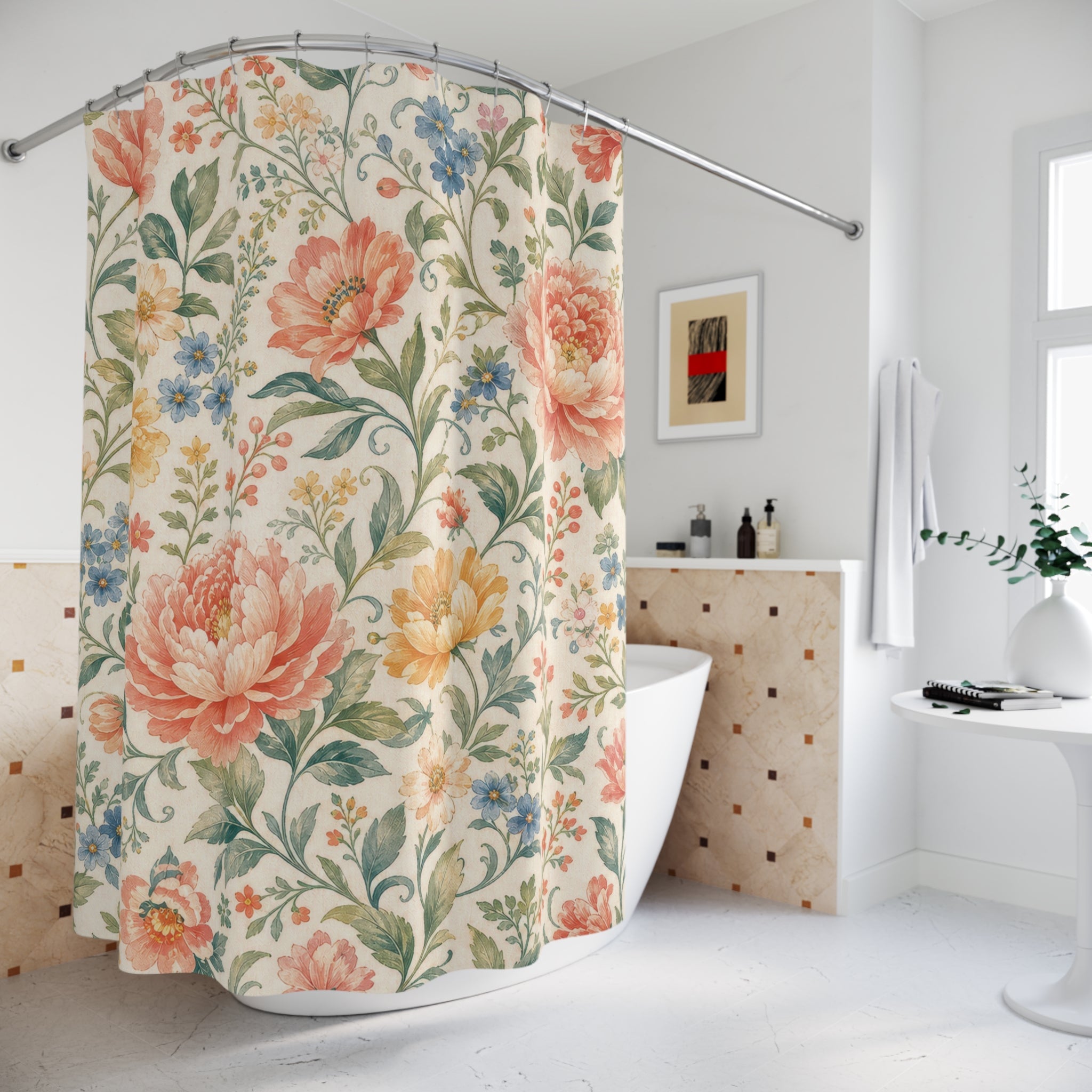 Floral Pattern Shower Curtain: Coral Pink Garden Botanical