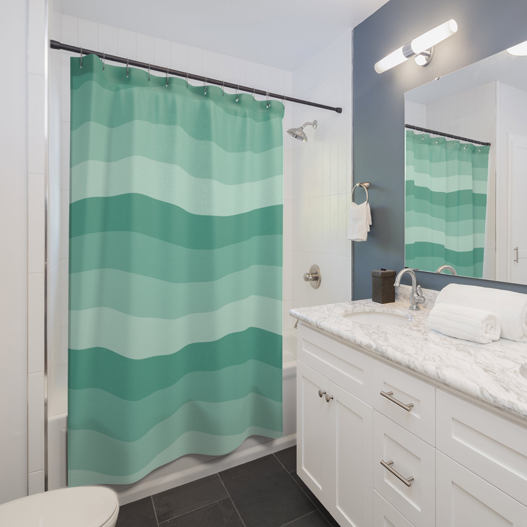 Green Seafoam Shower Curtain: Wavy Coastal Stripe