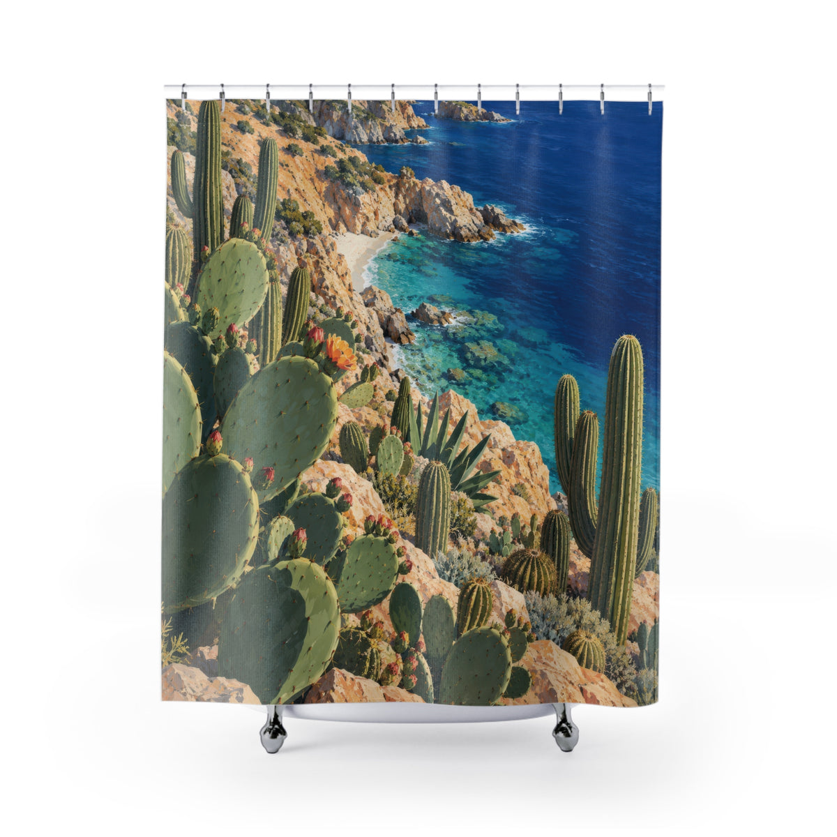 Green coastal cactus above a turquoise cove and peach cliffs shower curtain with full front view