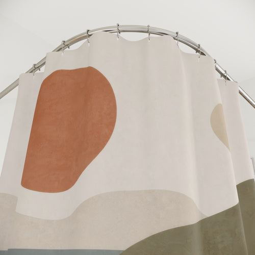 Abstract Landscape terracotta sage blue shower curtain with close-up print, hooks, and folds