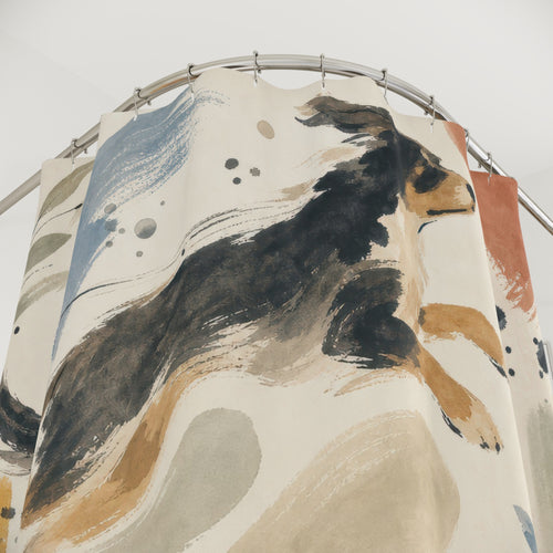 Animal decorative printed shower curtain with close-up print, hooks, and folds