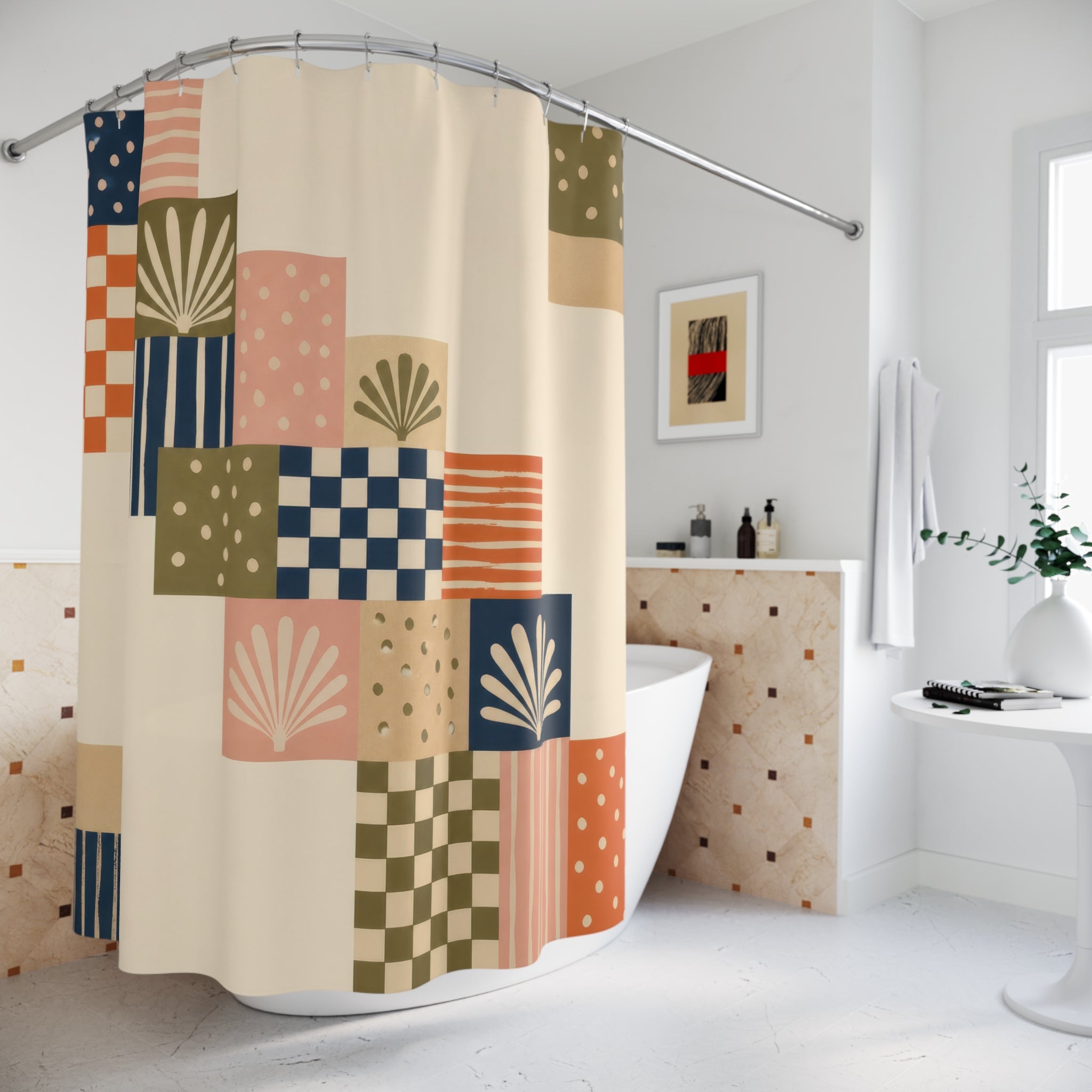 Indigo stepped patchwork panels shower curtain beside a freestanding tub