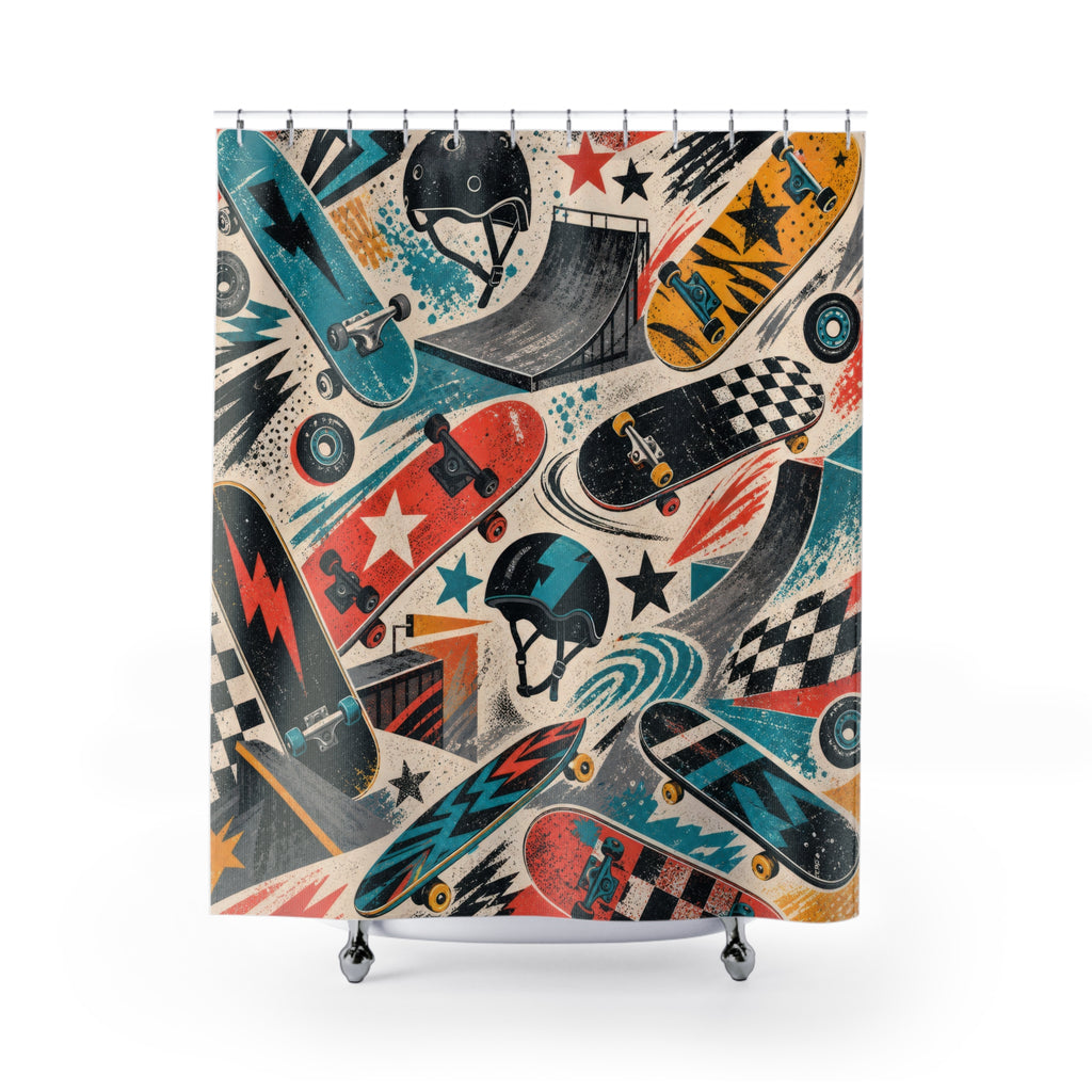Skateboard Shower Curtain, Kids Bathroom Decor, Skate Pattern Bath Curtain, Boys Bathroom Decor, Action Sports Style, Bath Decor, Guest Bath