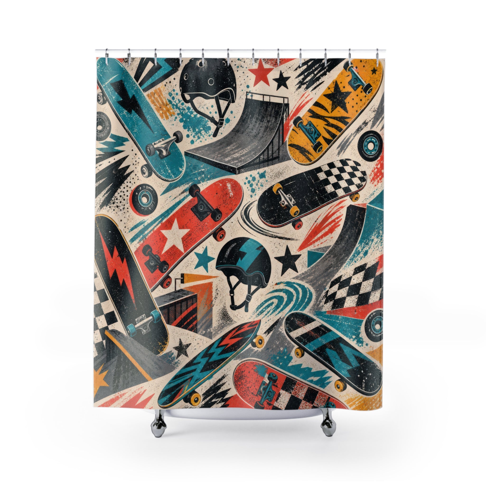 Skateboard Shower Curtain, Kids Bathroom Decor, Skate Pattern Bath Curtain, Boys Bathroom Decor, Action Sports Style, Bath Decor, Guest Bath