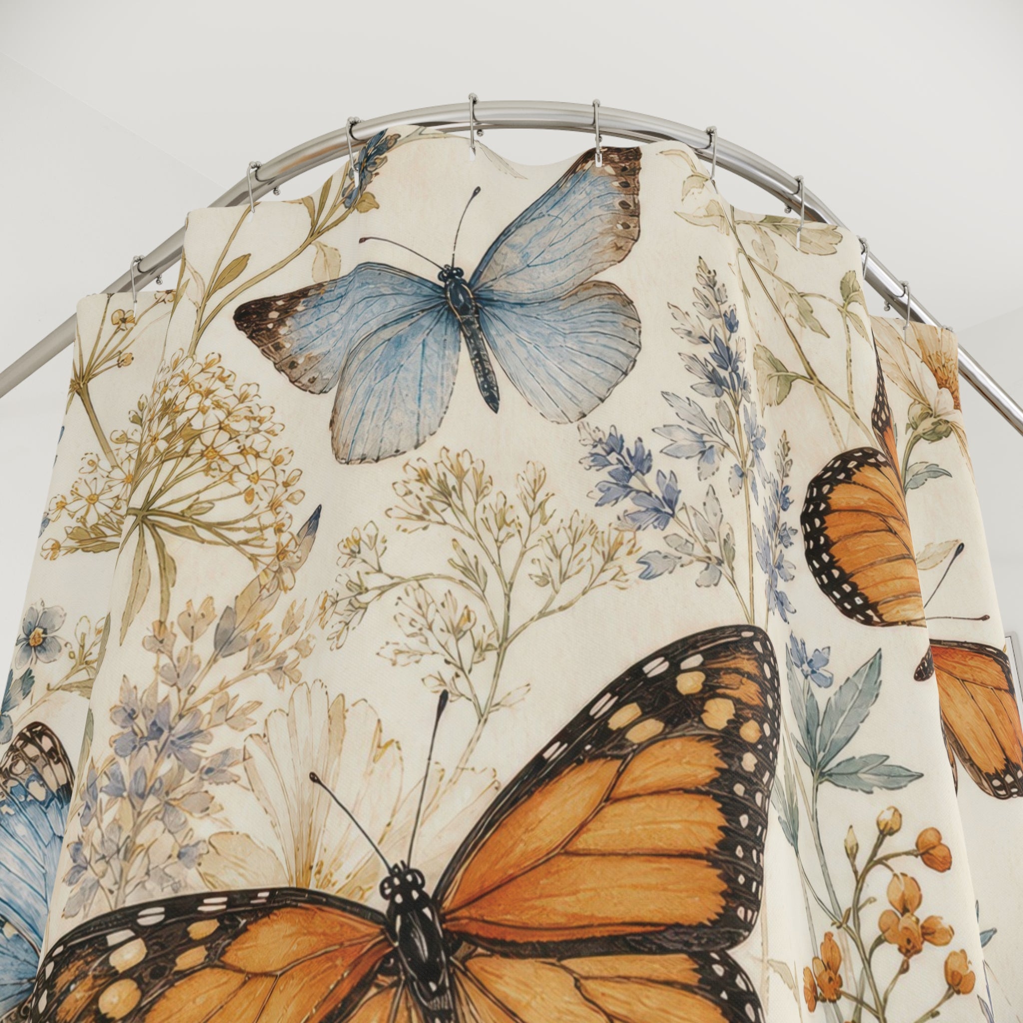 Butterfly Shower Curtain: Blue Orange Floral Garden Pattern